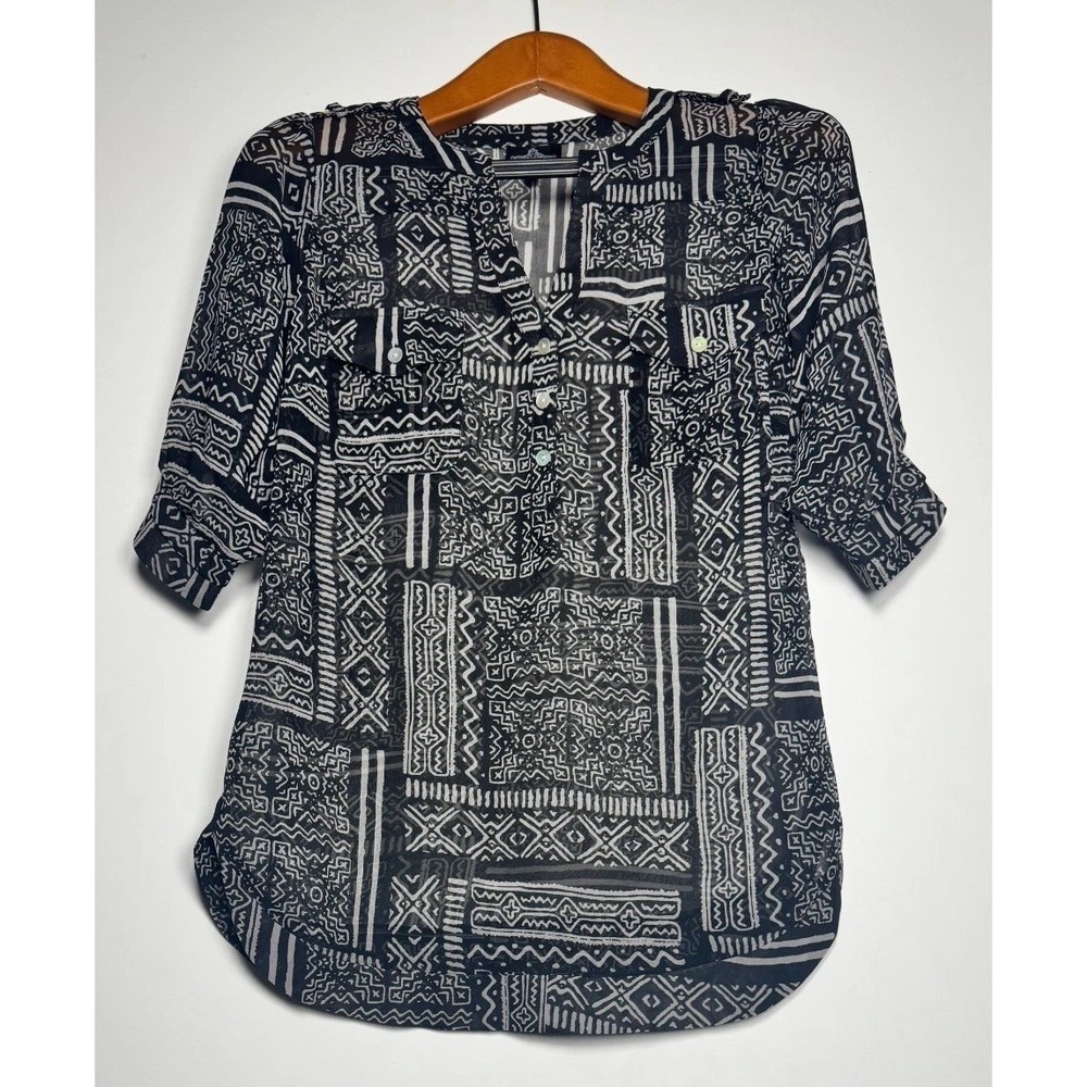Angie Sheer Blouse Top Womens Small Black White Tribal Print 3/4 Sleeve V Neck